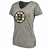 Women's Boston Bruins Distressed Team Logo Tri Blend V Neck T-Shirt Ash FengYun